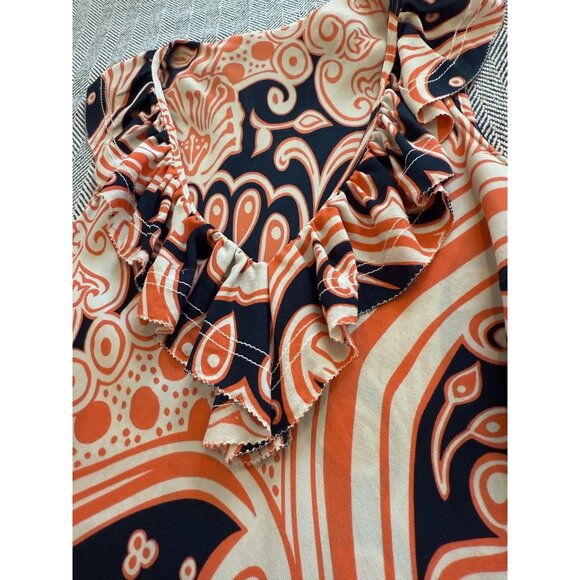 Tory Burch Womens Ruffle V Neck Sleeveless Top Size S Orange & Navy Paisley Prin - Picture 5 of 10